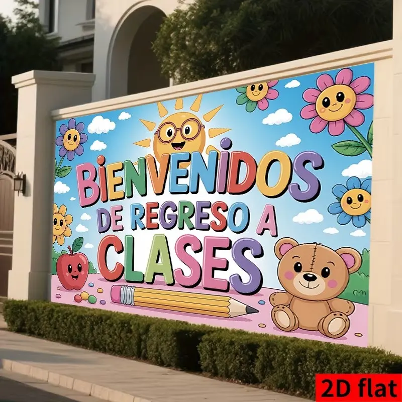 2D Polyester Back-To-School Banner, Cartoon Sunflower Bear Pencil Design, Classroom Decor, Party, Class Activities, Latin Market Campus Setup