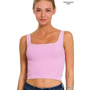 Zenana 2 Way Neckline Washed Ribbed Seamless Tank Top