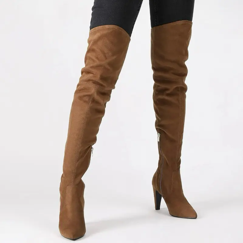 Suede Brown Thigh High Knee Women's Boots Soft Stretchy Pointed Toe Walking Shoes Comfortable Footwear for Daily Wear