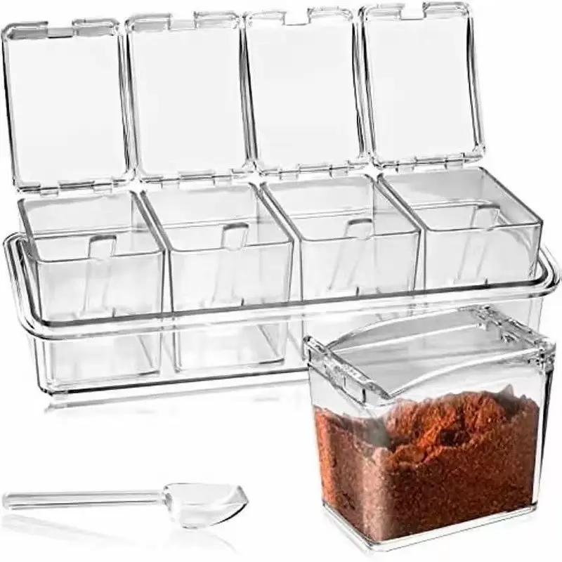 Clear Seasoning Container Set with Compartments, Transparent Divided Spice Storage Box with Mini Spoons for Kitchen Condiment Organization