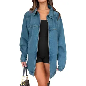 PASLTER Womens Oversized Denim Jackets Casual Zip up Spring Long Sleeve Jean Jacket with Pocket
