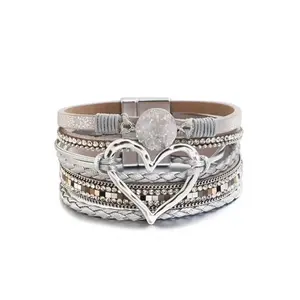 Boho Style Heart Design Multi-layer Pu Leather Braided Bracelet, Elegant Fashion Accessories for Women & Girls, Trendy All-match & Exquisite Jewelry for Birthday Gift