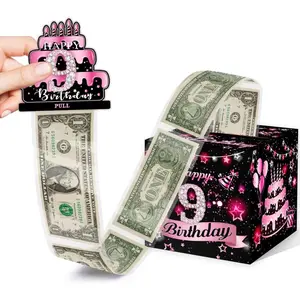 Birthday Money Box for Cash Gift, 9th Surprise Explosion Gift Box for 9 Years Old Girls Boys Kids, Birthday Money Gift Ideas Pink Party Decor Included 35 Bags