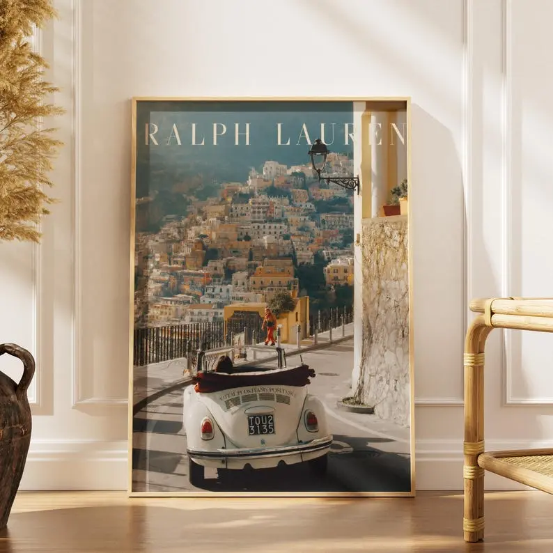 Old Money Positano Italy Art Print, Vintage Luxury Classical Car Wall Art, Amalfi Coast Summer Poster