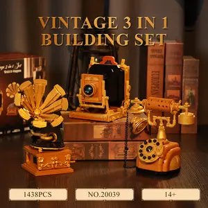 1438+-Piece Vintage Three-Piece Building Block Set Featuring Exquisite Telephone, Gramophone, and Camera Models Display, Desktop Decor, Home Decor Ideal Gift for Both Men and Women