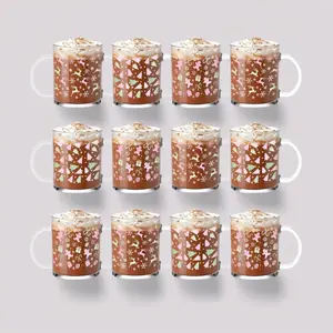 12 Set 12Oz Christmas Glass Coffee or Hot Coco Mugs with Handle Pastel Santa Gingerbread Snowflake Design Pink Ideal for Women Staff Coworker Appreciation Winter Holiday New Year Gifts