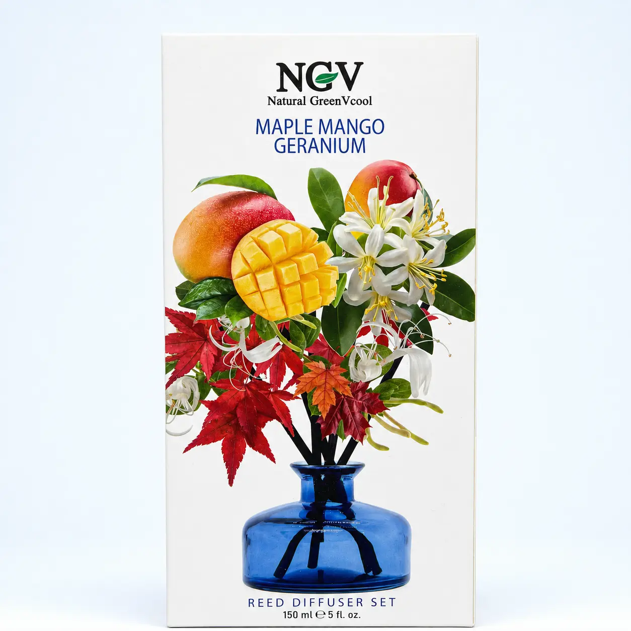 NGV Natural GreenVcool Maple Mango Geranium Reed Diffuser Set 150 mL Blue Glass Bottle Home Fragrance CL403863