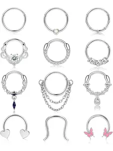 12PCS 16G Septum Rings Stainless Steel Hoop Nose Rings Horseshoe Septum Piercing Jewelry CZ Opal Cartilage Helix Tragus Hoop Daith Earrings Septum Clicker Ring Helix Pierced Ring