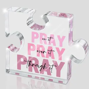 Acrylic Puzzle Shaped Ornament, Pray on It Pray Through It Letter Pattern Desktop Decoration, Office Desk Accessories Decor Sign