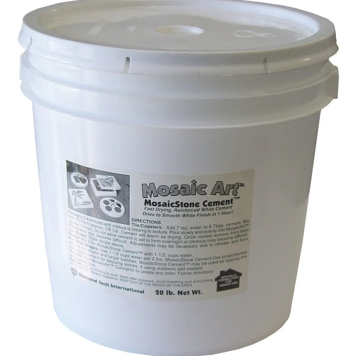 Diamond Tech International 411525 Fast Dry Mosaic Stone Cement - 20 lbs Bucket, White, Allergen-Free, Dries Within 1 Hour, No Reinforcement Needed, for Mosaic Art & DIY Projects, Porcelain Look Finish