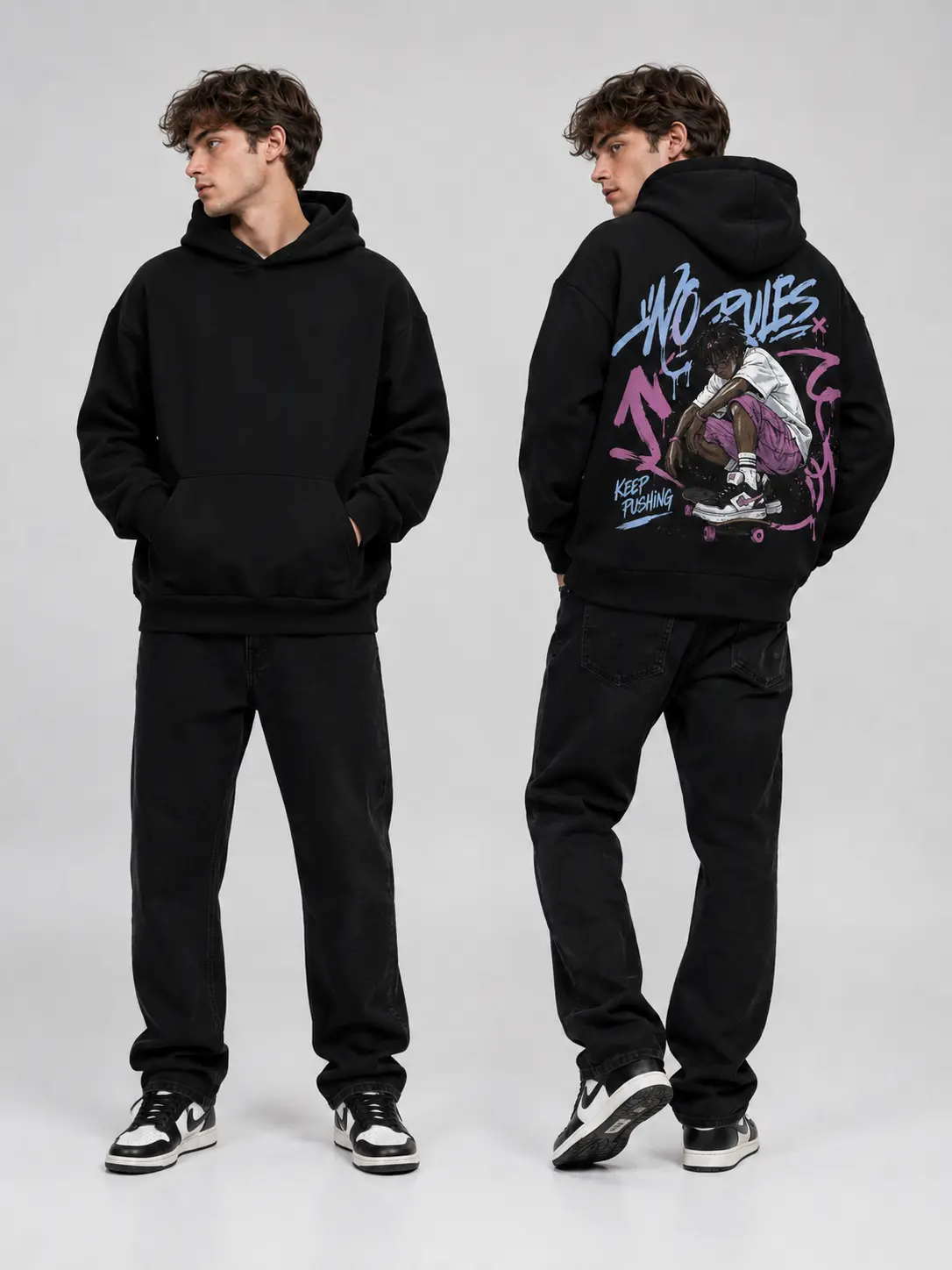 Men's Skateboard Graphic Hoodie, Oversized Black Pullover Sweatshirt, No Rules Back Print Y2K Skater Streetwear Top Casual Menswear