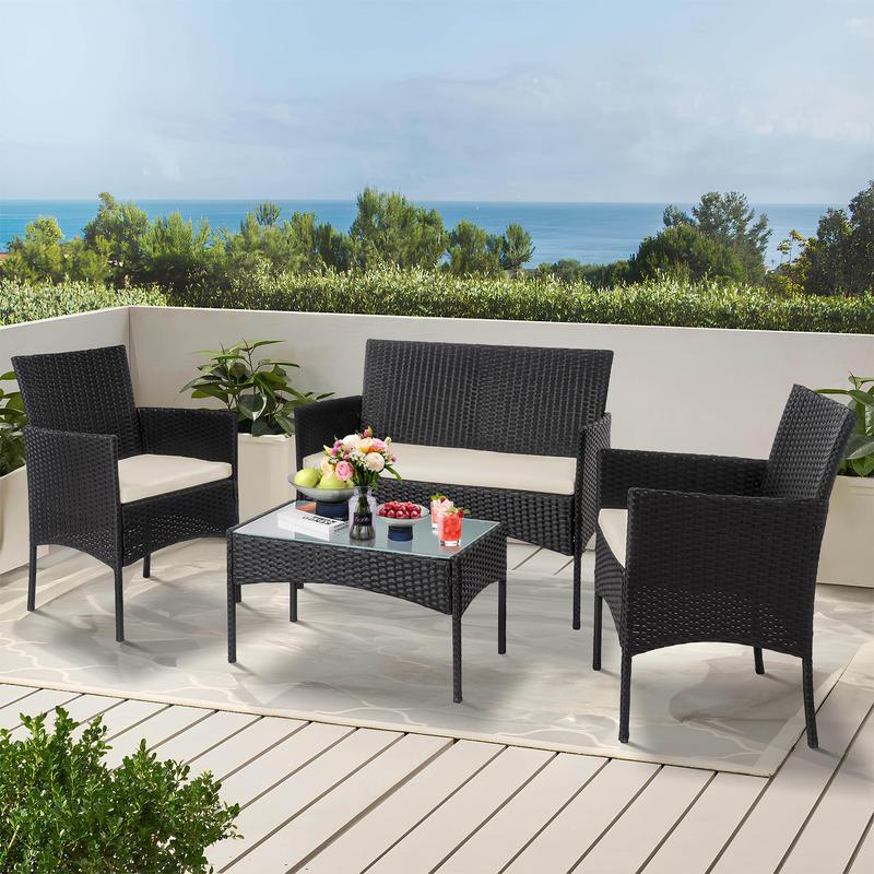 4 Piece Outdoor Wicker Patio Conversation Furniture Set, Rattan Chair Wicker Sofa Garden Conversation Sets with Cushion and Glass Table for Yard Pool or Backyard 4 Piece Outdoor Wicker Patio Conversation Furniture Set, Rattan Chair Wicker Sofa Garden Conversation Sets with Cushion and Glass Table for Yard Pool or Backyard