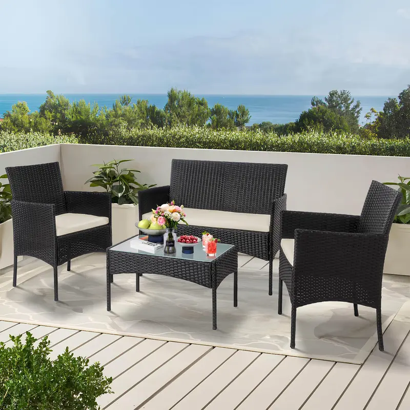 4 Piece Outdoor Wicker Patio Conversation Furniture Set, Rattan Chair Wicker Sofa Garden Conversation Sets with Cushion and Glass Table for Yard Pool or Backyard