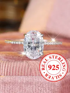 S925 Sterling Silver Geometric Oval Ring, Casual Jewelry Gift for Women Girls, Stackable Design for Daily Wear & Special Occasions