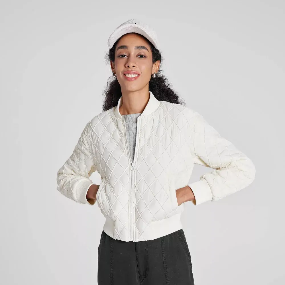 Women's Quilted Bomber Jacket - Wild Fable Cream 2X