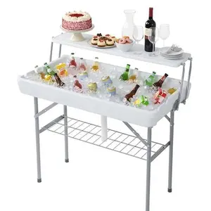 Outdoor Folding Ice Cooler Table with Extra Storage Shelf, Ice Tables for Parties with Drain & Matching Skirt, Foldable Cooler Server for Camping, Picnic, Wedding, BBQ, White