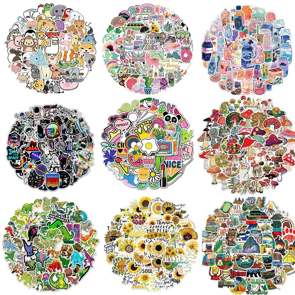 Custom Graffiti Stickers (50-300 Sheets) - Waterproof, Cartoon & Mixed Scenes Designs, 2 Style Options (AZ065 Dinosaur, AZ054 Astronaut, HT015 Beverage Bottle) for Luggage, Cellphone, Devices, Casing, DIY Scrapbooking