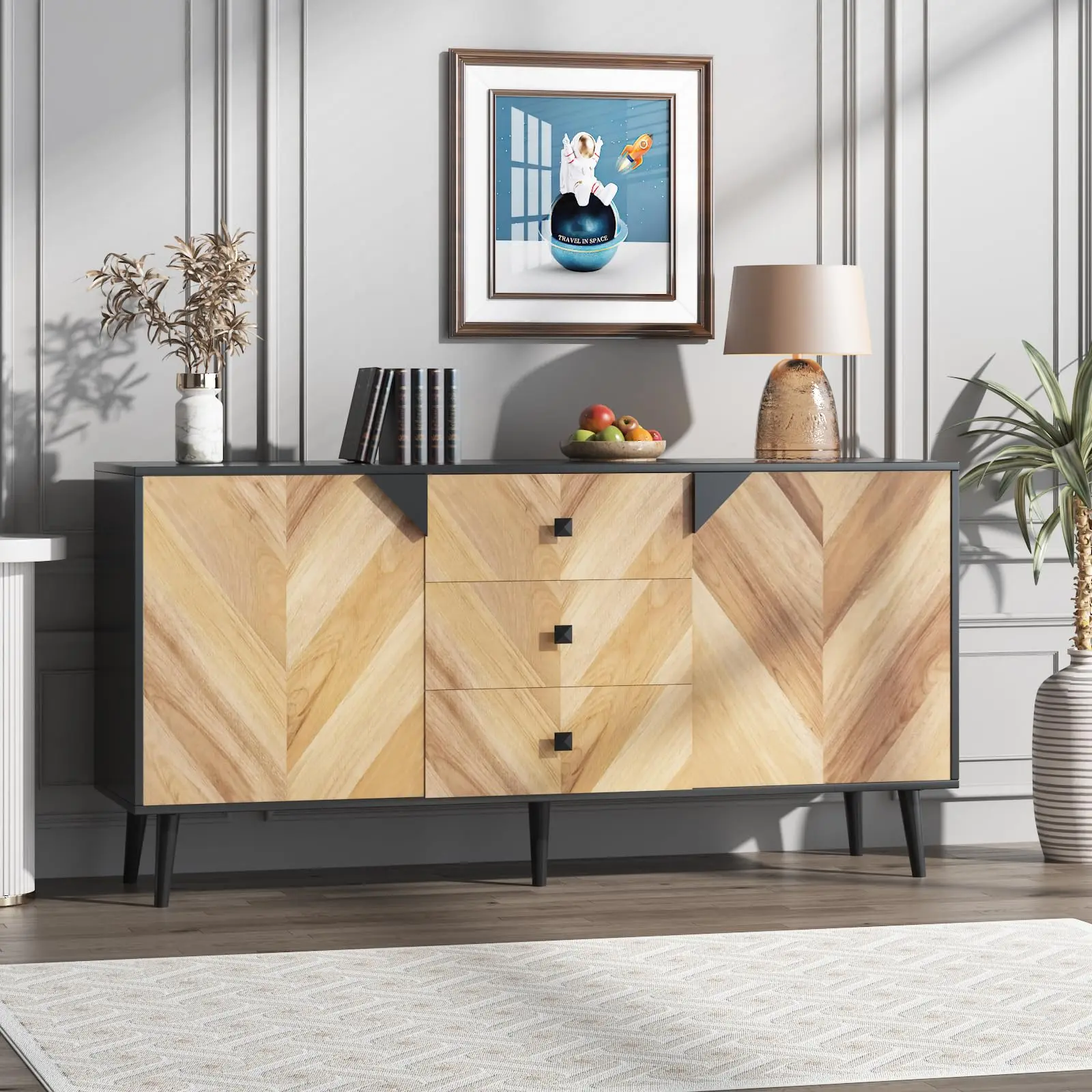 Modern Sideboard Buffet Cabinet – 3 Drawers, Adjustable Shelf, Storage Credenza with Doors for Dining Room, Entryway, Living Room – Sleek Black and Walnut Finish