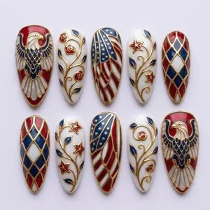 A104 Luxe Americana Press-On Nails, Gold Eagle and USA Flag Design, Red Blue Harlequin Pattern Art, Elegant Patriotic Inspired Nails, 4th of July Glam Gift for Her