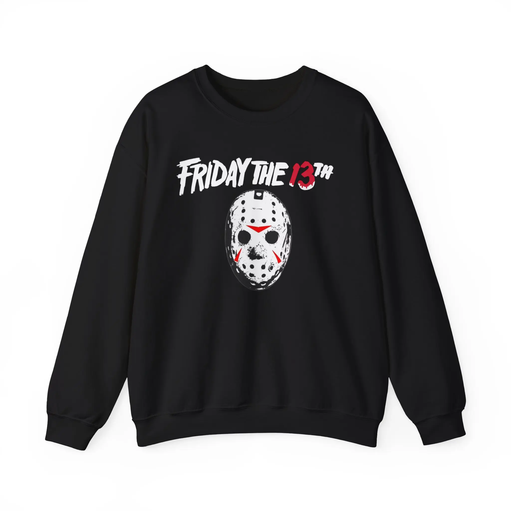 Men's Friday the 13th Jason Mask Crewneck Sweatshirt, Horror Slasher Themed, Ribbed Knit Fabric, Comfortable Breathable Menswear Top, Embroidery, Casual, Graphic, Knitwear, Spooky, Soft, Classic, Cotton, Distressed, Round Neck, Horror Print, Pullover, Gra