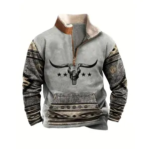 Men’s vintage western hoodie inspired by Aztec art with bull skull graphic, quarter-zip pullover sweatshirt, loose casual cowboy style, grey with black and tan geometric patterns, polyester blend, hand wash only, everyday pullover | Rustic Fashion I