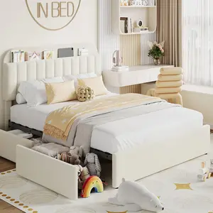 Fathersdaygift Summervibes Flash Sale Home Items: Modern Boucle Upholstered Platform Bed Frame, Storage Headboard with Bookcase & 2 Drawers, Twin/Full Size, Noise-Free, No Box Spring Needed, Easy Assembly for Bedroom
