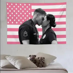 Eric Winter The Rookie Lucy Chen & Tim Bradford Tapestry Poster 40x30In Polyester Peach Skin Printed Wall Decor Pink American Flag Background