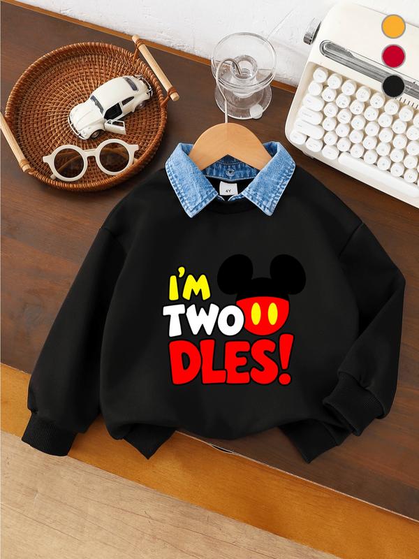 Mickey Two-Year-Old Cute Memorial Boys' Sweatshirt, Mickey Elements with 'i'm Two Dles!' Text, Casual Long Sleeve Fitted Style