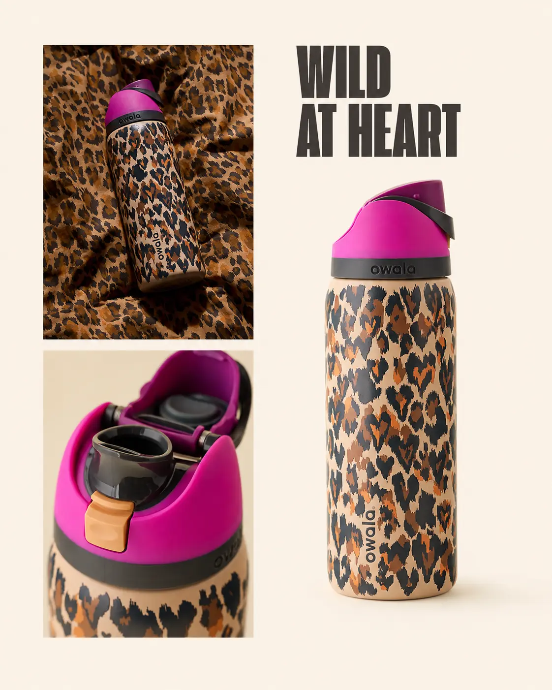 Leopard Water Bottle by Owala | Wild At Heart 32oz FreeSip Double-Wall Insulated Stainless Steel Travel Bottle