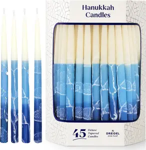 The Dreidel Company Dripless Premium Tapered Hand Decorated Multi Blue Frosted Hanukkah Candles, 45 Hanukkah Candles Premium Quality Wax, 1 Hour Burn Time