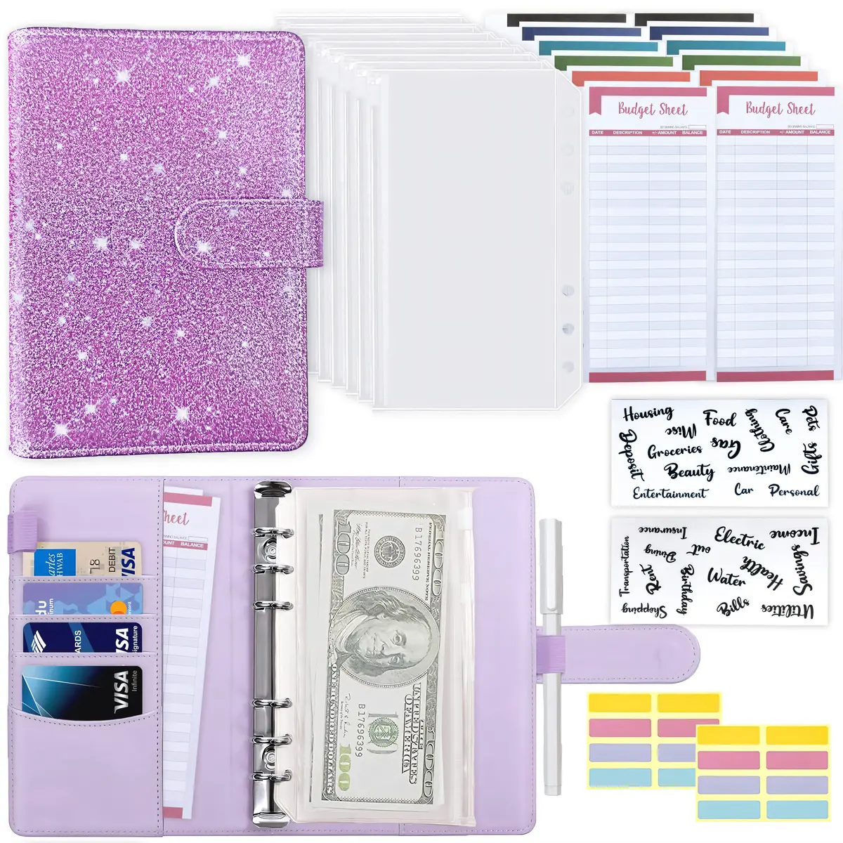 Flourishing Star Style Budget Planner Journal Notebook Set with Budget Cards, Stickers, Loose-leaf Cash Pocket, Sticky Notes, A6 Money-Saving Budget Binder with Zippered Cash Envelope and Expense Sheet, Portable Cash Organizer