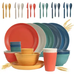 Wheat Straw Dinnerware Sets 36 Piece Unbreakable Dinnerware Sets, Reusable Wheat Straw Plates and Bowls Sets, Travel Camping Cutlery Set, Dishwasher Microwave Safe Dinnerware Colourful