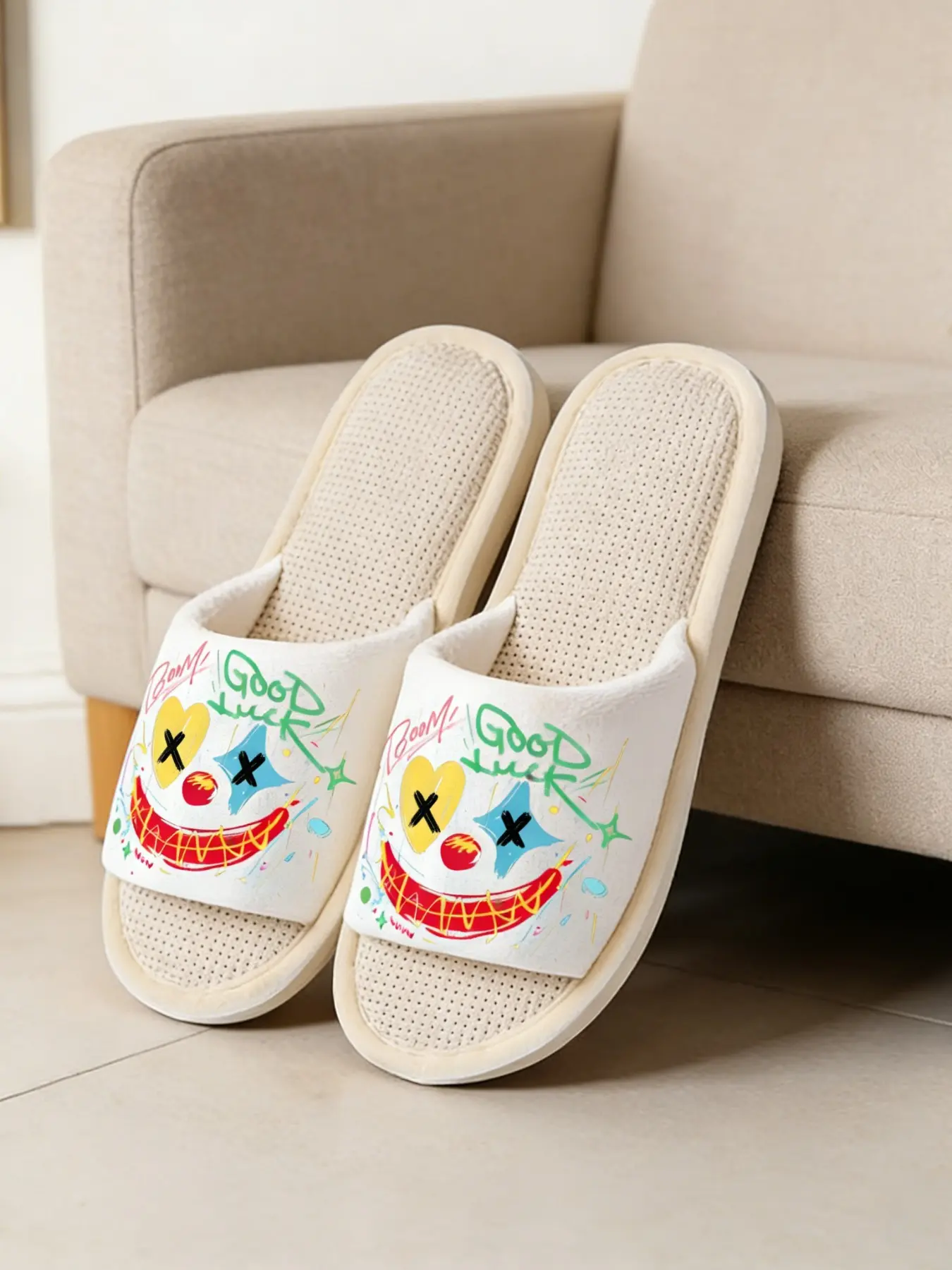 Trendy Clown Graffiti Home Slippers, Waffle Linen Texture, Soft Elastic Thick Sole, Unisex Casual Flip Flops, Comfortable Indoor Shoes