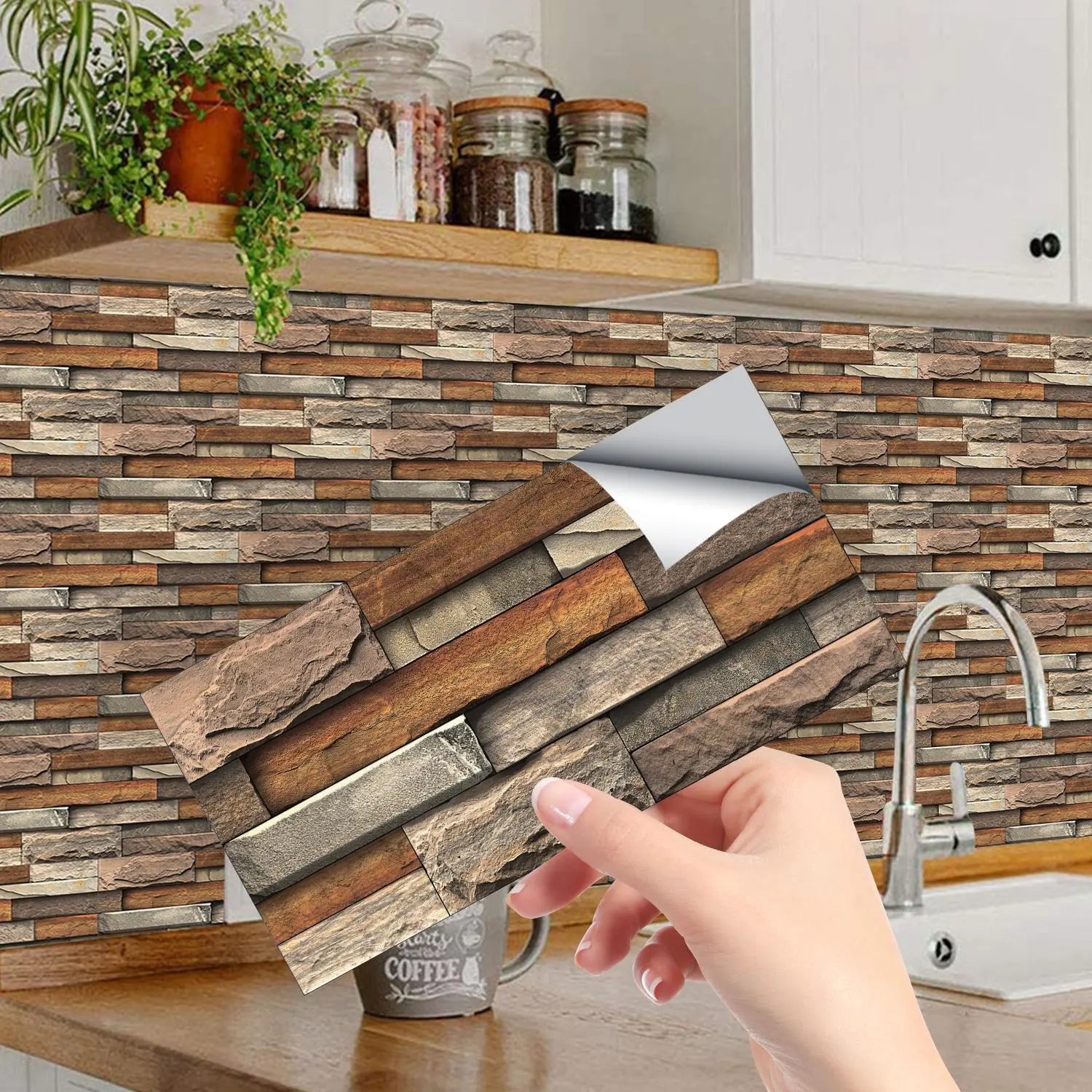 Stone Pattern Wall Tile Sticker, 10/20/30pcs Self-adhesive Wall Sticker, Decorative Sticker for Home Kitchen Living Room Bedroom, Tiles Sticker