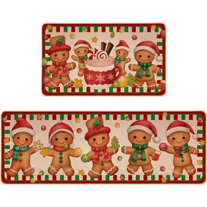 Christmas Kitchen Mat Set of 2, Non-Slip Gingerbread Christmas Kitchen Rugs for Floor Seasonal Winter  Decor Low-Profile - 17x29 and 17x47 Inch