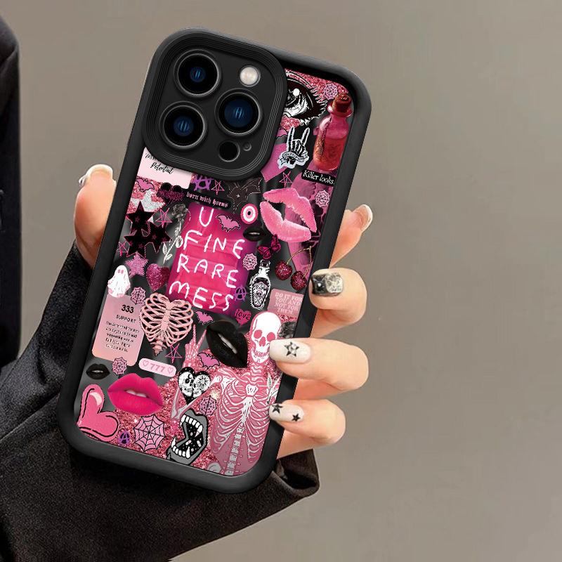 Phone Case Featuring a Collage Pattern of European And American Skulls, Lip Prints, And Eyes,  Made from Durable TPU for Protect,Compatible with Various for iphone Models Including  17 16 15 14 13 12 11 PRO MAX PLUS,AIR Mini SE and iPhone XS MAX,