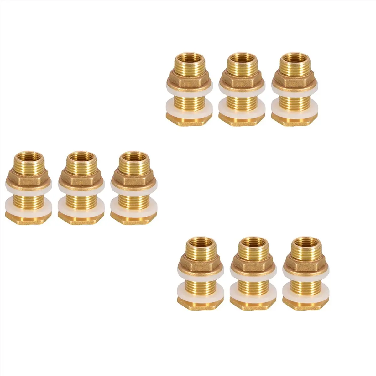 9-Pack Solid Brass Bulkhead Tank Fitting Set, 3/8 in Female to 1/2 in Male Threaded Connector with Ring, Rust-Proof, Strong Seal, Easy Connection, Double-Sided Protection, for Water Towers & Self-Made Water Storage Barrels