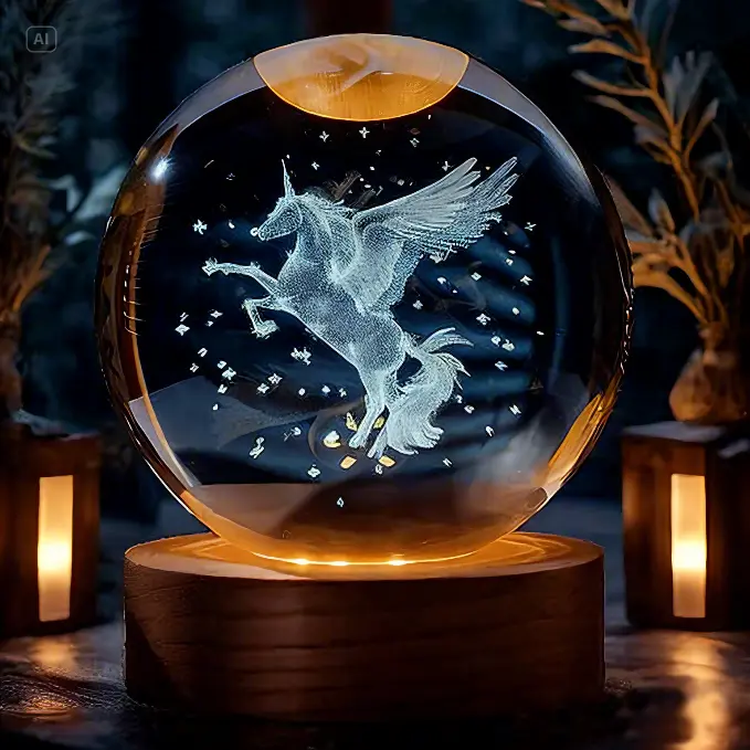 3D Laser Engraved Glass Sphere Unicorn Figurine LED Stand Lamp, Crystal Ball Decor Paperweight, LED Home Decor, Mother's Day Gift