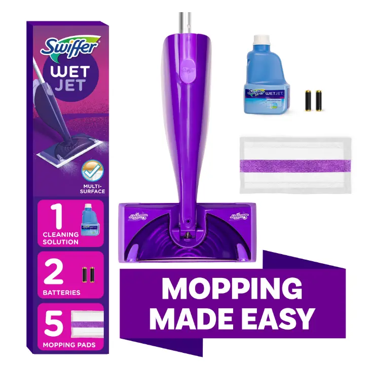 Swiffer Wet Jet with Refill, Unscented, 1 Handle + 1 Solution & 5 Pads (Battery Included)