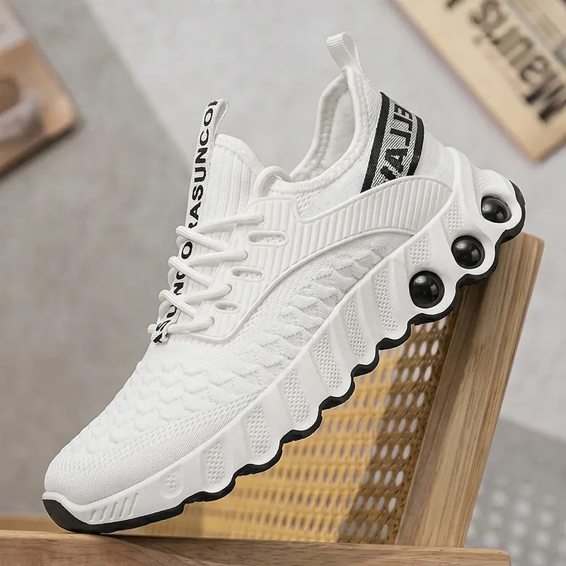 CORASUN Men's Knit Lace-Up Running Sneakers - Shock-Absorb Bubble Wave PVC Sole, Lightweight, Breathable, Non-Slip Cushioned, Dual-Color Black White Casual Wear Athletic Shoes for Running, Gym