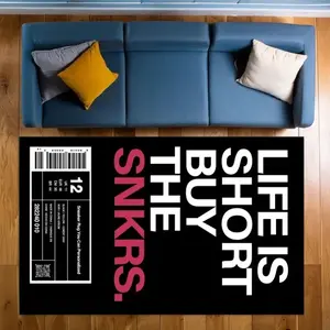 Life Is Short Buy The Sneakers Flannel Area Rug - Black Pink White Shoe Box Label Print Soft Mat for Sneaker Room & Closet, Non-Slip Streetwear Decor Rug Home Decor Mat #SneakerRug #LifeIsShortBuyShoes #ShoeLoverDecor #SneakerRoomCarpet #NonSlipFlannelRug