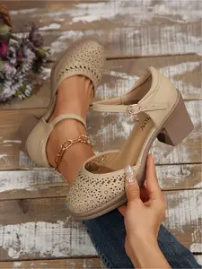 Summer Breathable Hollow Out Single Shoe Women, Chunky Heel Heightening Classic Mary Jane Style Shoes, Versatile Commuter Rubber Sandals, Casual Shoes