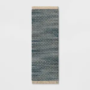 2'4"x7' Handloom Diamond Runner Rug Blue - Threshold: Indoor Low Pile, Cotton & Jute, Entryway or Kitchen Use