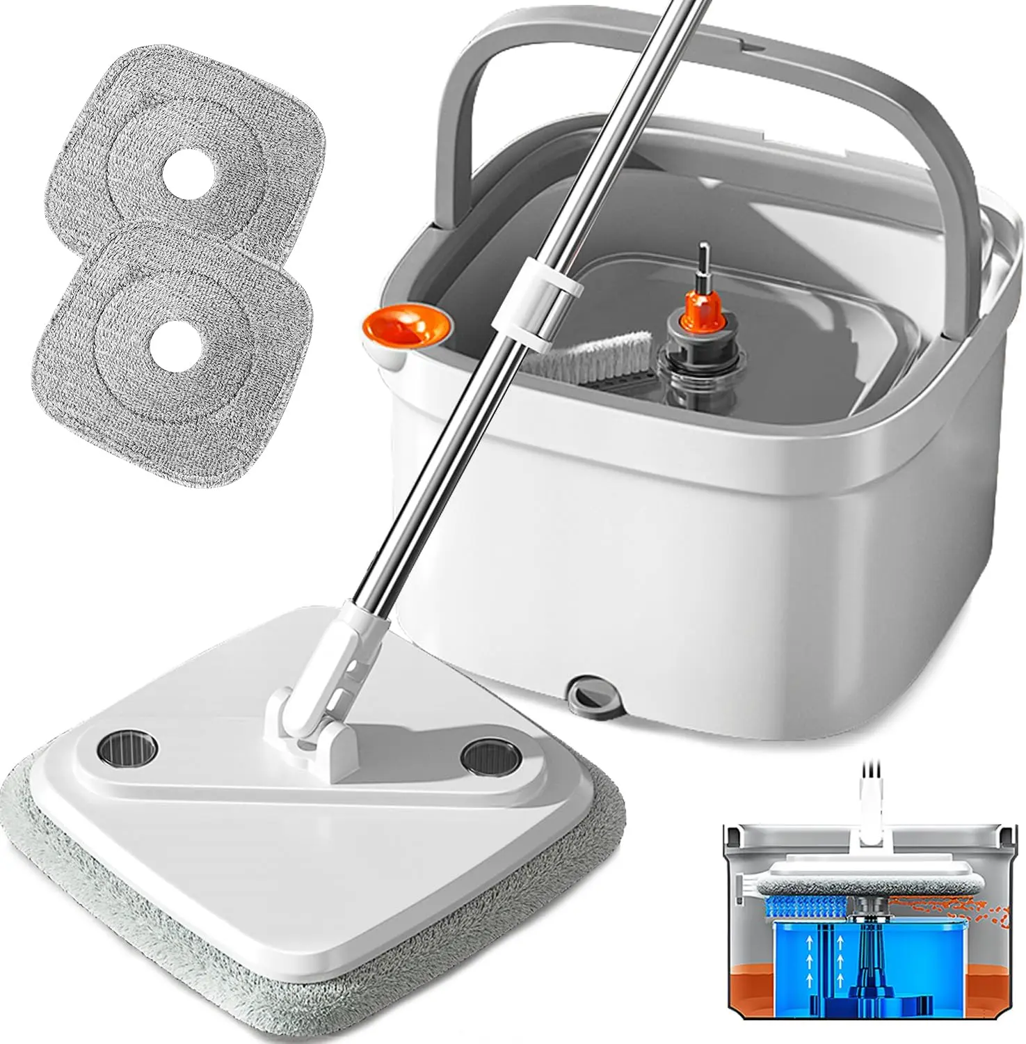 Spin Mop and Bucket Set with Self Separation M16 Dirty and Clean Water System Self Wringing 360° Rotating Square Mop-Head for Hardwood Tile Marble Floors (Grey) (Mop and Bucket Set (2 Pads))