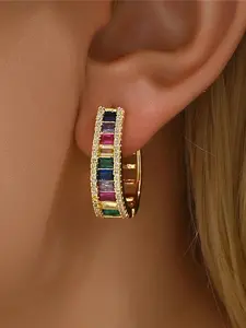 Vintage Rainbow Zircon Stone Geometric Hoop Earrings For Women Fashion Gold Silver Color Wedding Jewelry