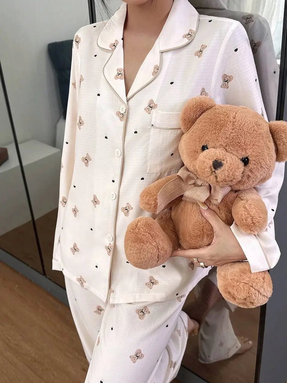 Cartoon Bear Print Lapel Top and Pants Two-Piece Pajama Set for Women