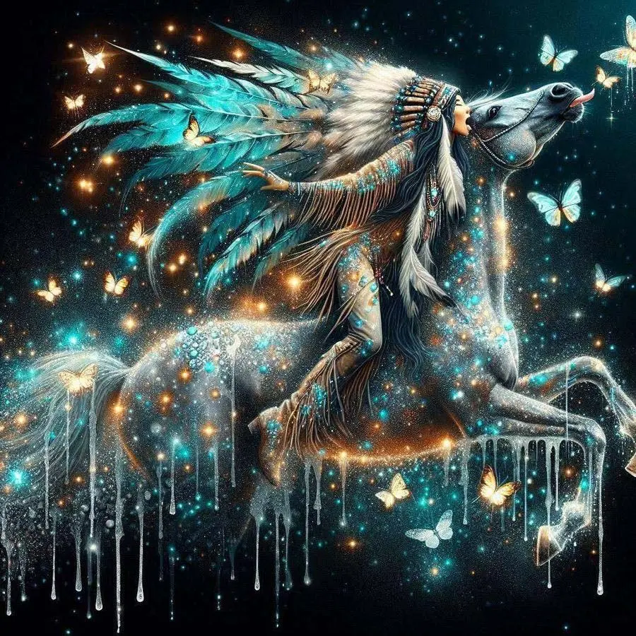 5D DIY Full Drill Round Diamond Painting Kit - Horse Riding Indian Mosaic, Canvas - DIY Decorative Painting, Home Wall Art, Suitable for Halloween and Christmas, Birthday and Anniversary Gifts