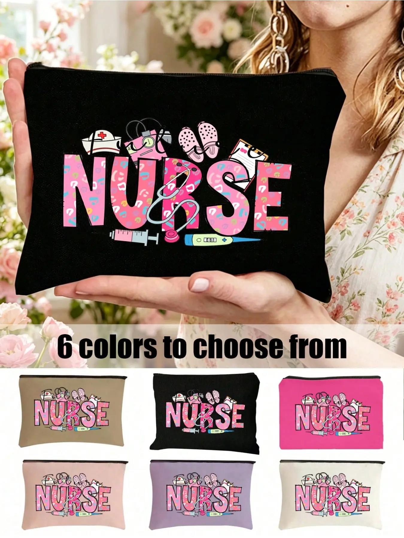 Nurse Themed Cosmetic Bag, Medical Print Zipper Makeup Storage Pouch With Nurse Cap, Syringe, Thermometer Elements, Suitable For Storing Cosmetics, Skincare, Medical Supplies And Daily Items, Fun Accessory For Nurse Uniforms, Great For Nurses,