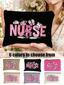 Nurse Themed Cosmetic Bag, Medical Print Zipper Makeup Storage Pouch With Nurse Cap, Syringe, Thermometer Elements, Suitable For Storing Cosmetics, Skincare, Medical Supplies And Daily Items, Fun Accessory For Nurse Uniforms, Great For Nurses,