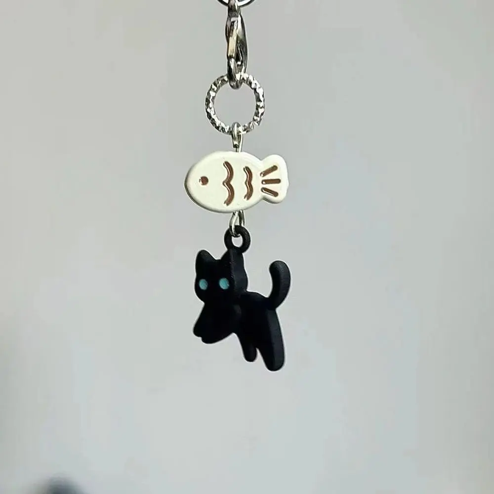Cute Black Cat Keychain Cartoon Mobile Phone Chain Camera Earphones Pendant Bag Decorative Chain Kawaii Keyring Y2K Accessories